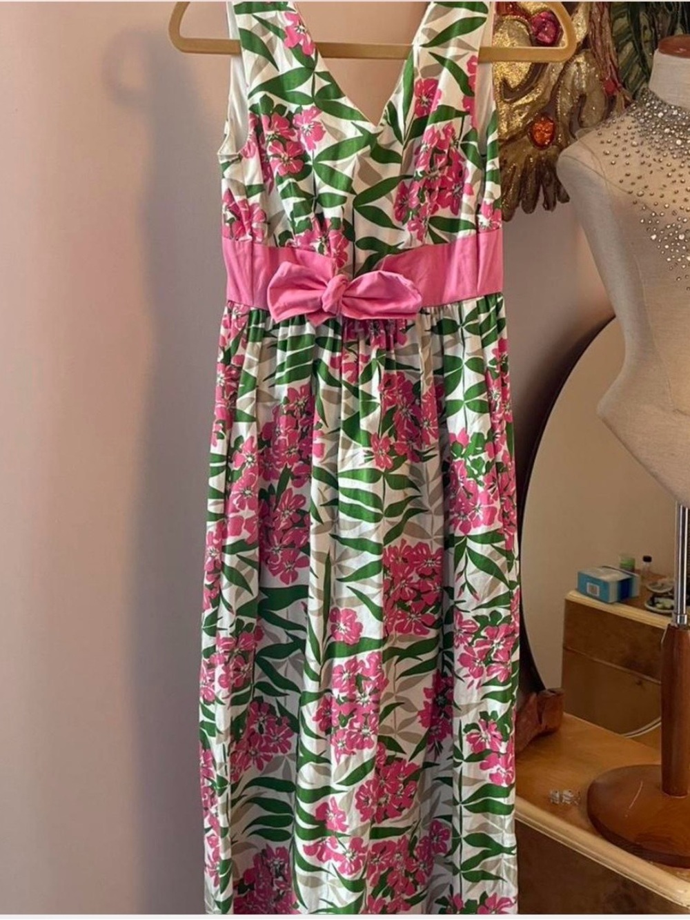 Vtg 60s Garden Party Hand Printed Cotton Floral Maxi Dress with Bow Waist